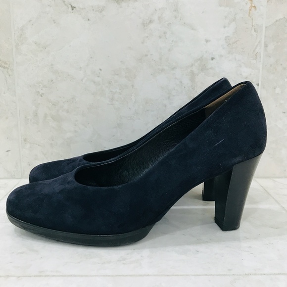 PAUL GREEN {6} Navy Blue Suede Pump Round Toe Black Wood Block Heel Rubber Sole - Picture 8 of 10